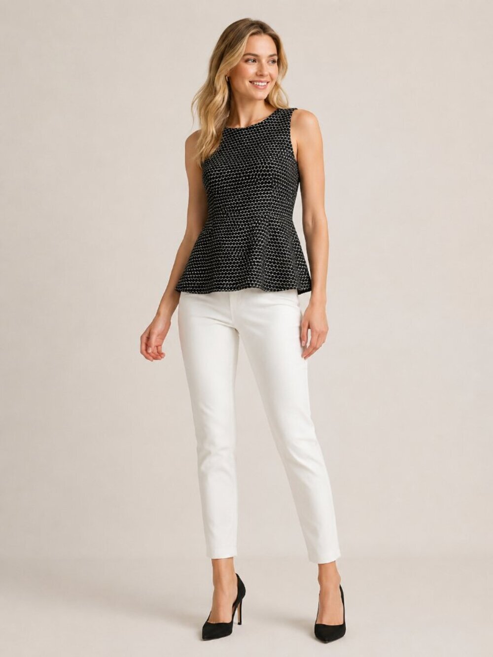 2/$30 Banana Republic Honeycomb Print Peplum Shell Top Black 8 #A2480